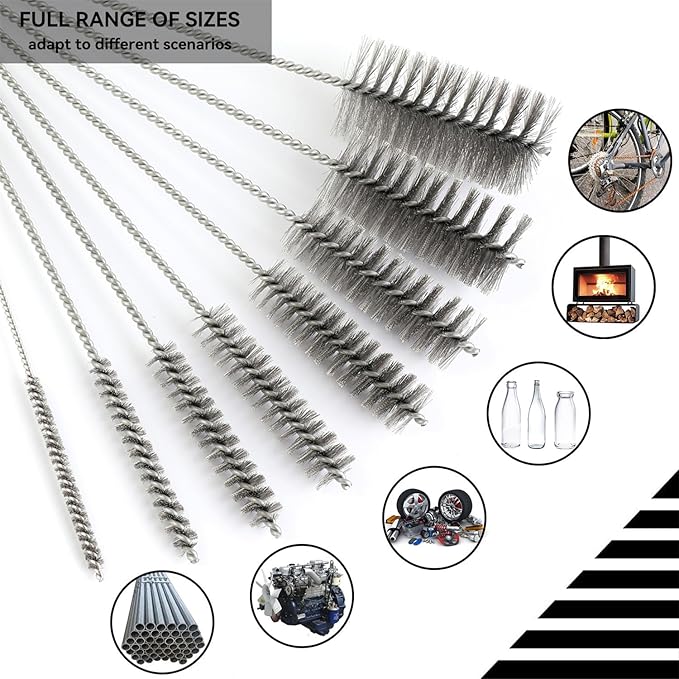 12 Inch Pipe Cleaning Brush Set with Stainless Steel Bristles, Steel Wire Tube Brush Kit for Auto Parts Polishing, Machining, Bottles, Tubes, Etc.（15mm-5pcs）