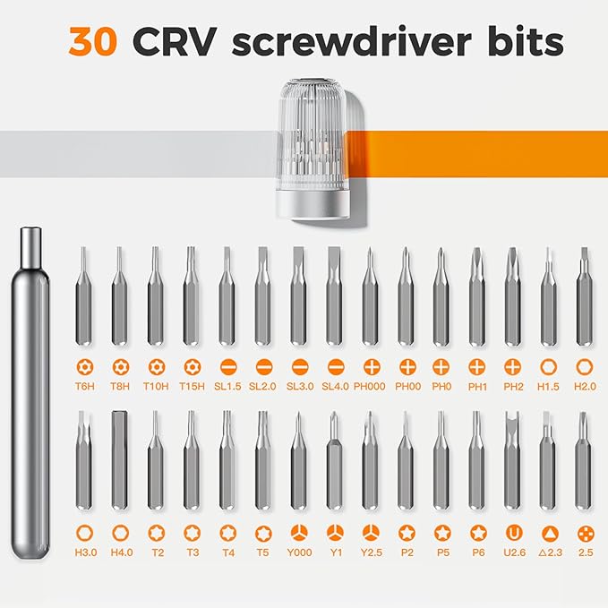 31 in 1 Precision Screwdriver Set, S2 Steel Magnetic Bits Mini Tool Kit with Transparent Case, Professional Repair Set for iPhone, Laptop, PC, Watch, Glasses & Electronics (Silver)
