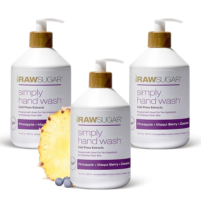 RAW SUGAR 3-Pack Liquid Hand Soap, Moisturizing with Fruity Aroma, Formulated without Parabens, Cruelty Free & Vegan - 16.9 Fl. Oz (Pineapple + Maqui Berry + Coconut)