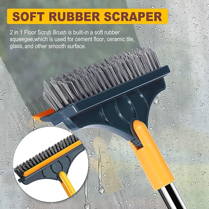 2 in 1 Cleaning Scrub Brush Grout Brush Scrape Floor Scrub Brush with Long Handle V-Shape Stiff Bristle Brush Scrubber with Squeegee 120°Rotating Shower Scruber for Cleaning Bathroom Glass Wall