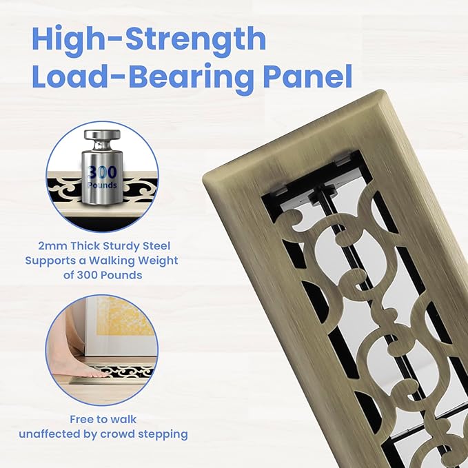 2x10 Inches 2 Pack Heavy Duty Walkable Floor Register - Easy Adjust Air Supply Lever Decorative Floor Vent Covers - Savannah Design Vent Covers for Home - Antique Brass