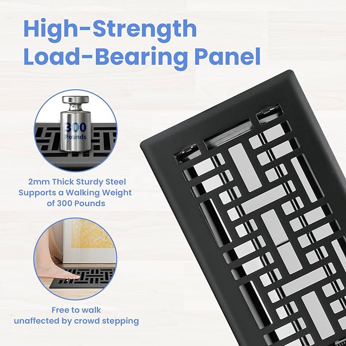 4x8 Inches 2 Pack Heavy Duty Walkable Floor Register Easy Adjust Air Supply Lever Floor Vents - Seattle Design - Vent Cover for Home Floor - Matte Black