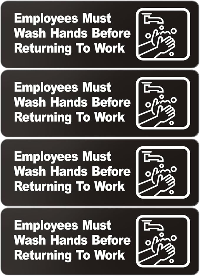 Faittoo Employees Must Wash Hands Before Returning to Work Sign, (4 Pack) 9 x 3 Inch Acrylic Plastic Sign with Symbols, Self-adhesive, for Restaurant, Hotel, Motel, Rest Stops, Public Restrooms