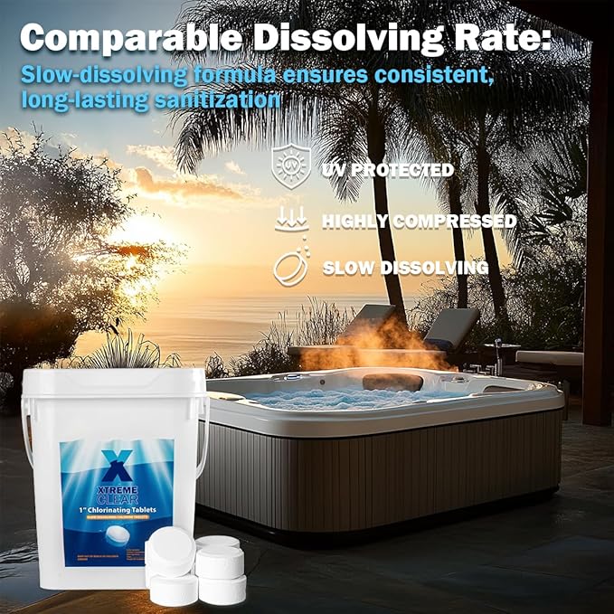 XtremeClear 5lbs 1" Chlorine Tabs for Swimming Pool Hot Tub & Spa Eliminate Bacteria & Algae Sanitizer Makes Water Clean & Crystal Clear Slow Dissolving, 5-Pounds