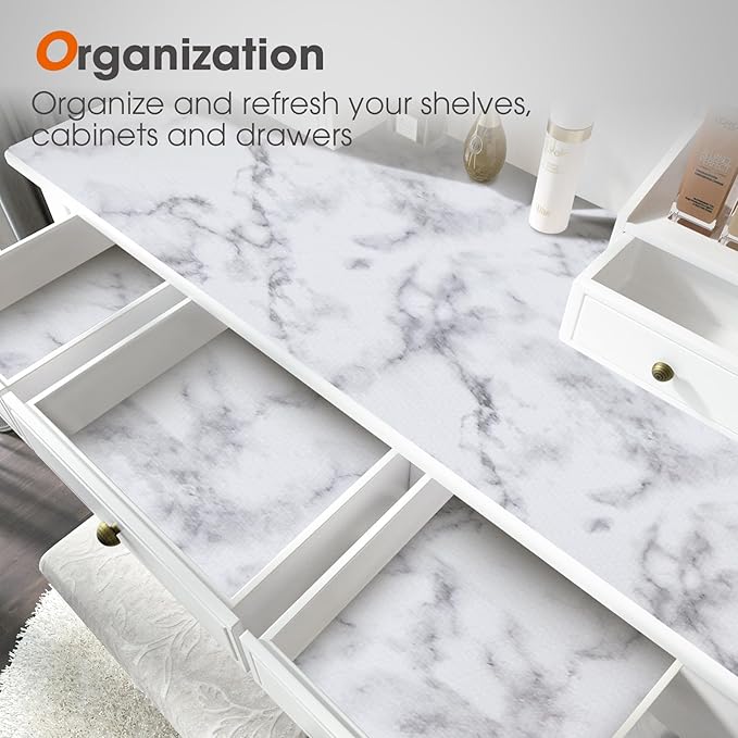Drawer and Shelf Liner, Non-Slip Kitchen Cabinet Liners Non-Adhesive Thick Strong Grip Waterproof Washable Mats Protect Dresser Shelves Cupboard Bathroom Cabinets, White Marble, 24 in X 30 FT