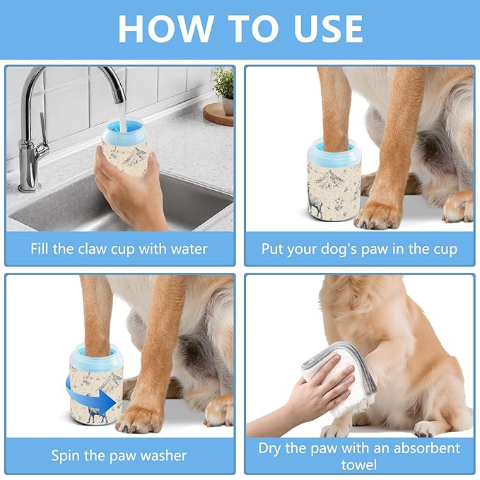 Dog Paw Cleaner Cups for Dogs Pet Foot Washer Paw Scrubber for Medium Small Large Dogs Cats Cleaning Cup Beige Goats Mountains Plants