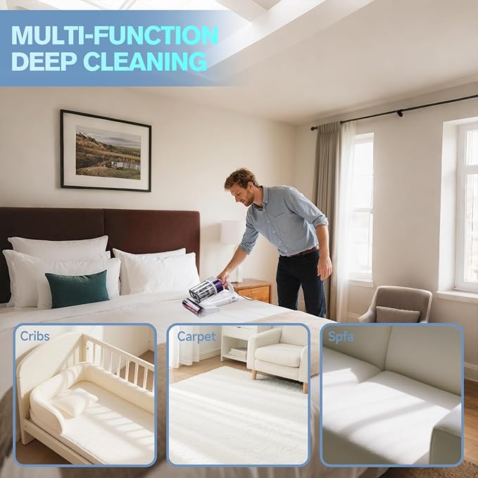 Mattress Vacuum Cleaner, Ultrasonic Bed Vacuum Cleaner with 18Kpa Strong Suction, 150°F Heat & 253.7nm UV-C Light, Intelligent Dual Cup, One-Click Dust Removal for Bed, Sofa, Pet Hair, White