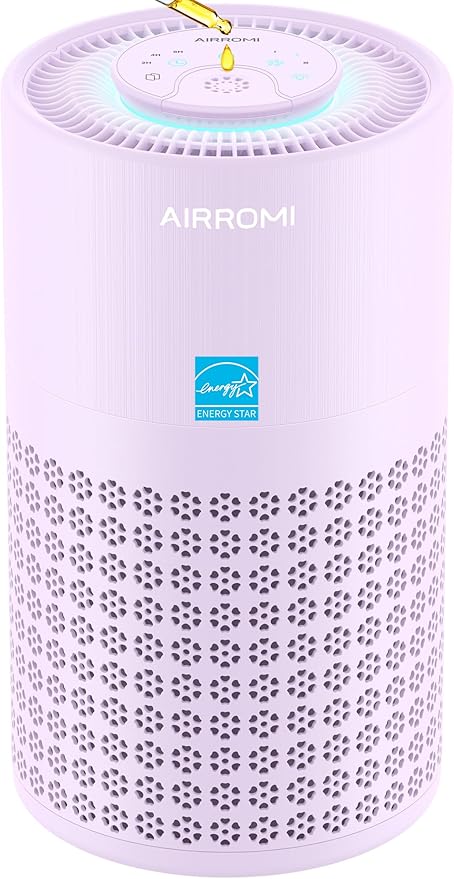 AIRROMI Air Purifier for Bedroom with HEPA 3-in-1 Filter, Pet Air Purifier for Home Cat Pee Smell, Covers Upto 990 Ft², Quiet 360°intake Air Cleaner for Pet Hair,Allergies,Pollen,Smoke A2001 Purple