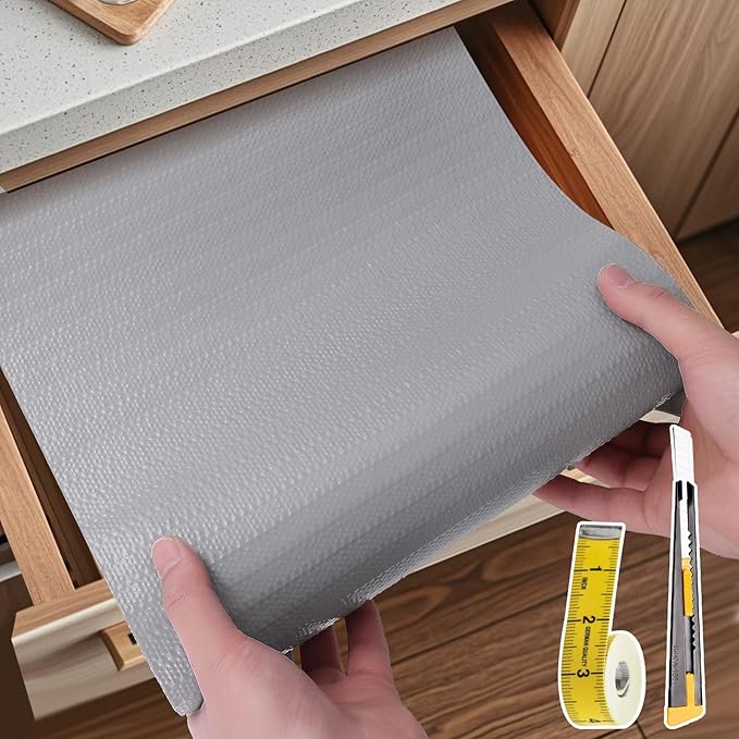 Shelf Liners for Kitchen Cabinets Non Adhesive Drawer Liner 23.6in x 20FT Pure Grey Thickened Shelf Liner Strong Non-Slip Easy to Clean for Tool Box Refrigerator with Knife and Tape Measure