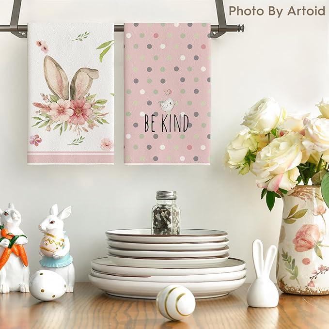 Artoid Mode Pink Bunny Rabbit Ears Floral Leaves Easter Kitchen Towels Dish Towels, 18x26 Inch Be Kind Seasonal Decoration Hand Towels Set of 4