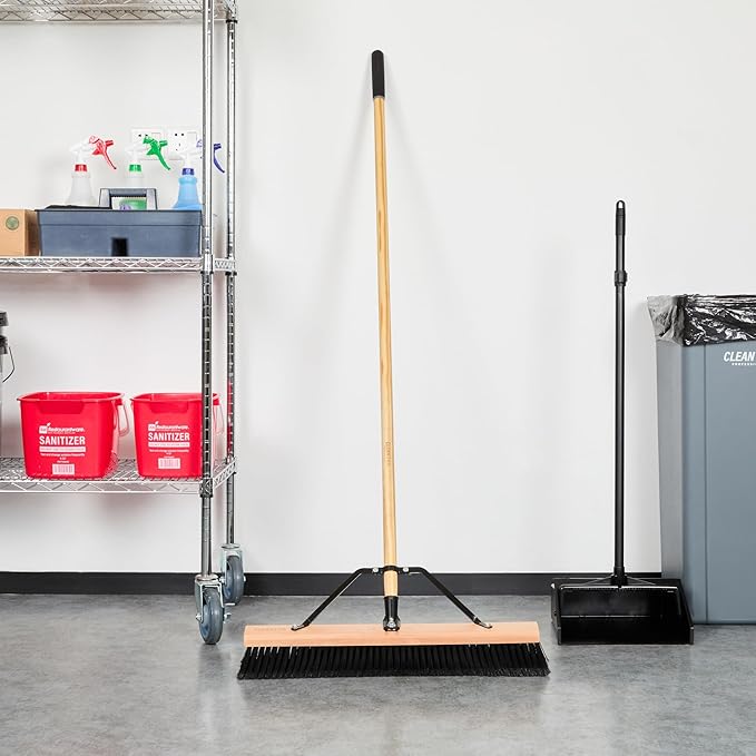 Restaurantware-Clean Tek Professional 24 Inch Push Broom, 1 Heavy-Duty Broom with 60â€ Handle - Fine Plastic Bristles, Durable, Wooden, Commercial Use, for Deck, Driveway, Garage, Yard, Patio