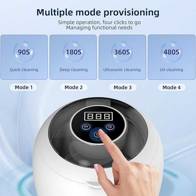 Wireless Ultrasonic Retainer Cleaner Machine 48kHz 210ML Ultrasonic Cleaner, Dental Cleaning Pod with 6 UV Lamps, Digital Timer, 4 Modes, UV Cleaner for Dentures, Aligners, Braces, Jewelry