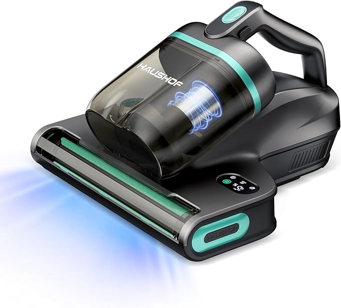 HAUSHOF Mattress Vacuum Cleaner, 15Kpa Bed Vacuum Cleaner with 275nm UV-C Light, 140°F Heat, Aromatherapy, HEPA Filter, Dual Dust Cups, Versatile Handheld Vacuums for Bed, Sofa, Couch, Crib