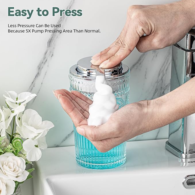 Small Foaming Soap Dispenser, 7 Oz Clear Glass Foam Hand Soap Dispenser for Bathroom, Hand Wash Dispenser with Silver Foam Pump, Refillable Liquid Dish Soap Foam Dispenser for Kitchen