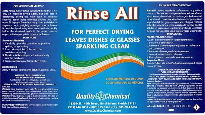 Quality Chemical Heavy Duty Liquid Alkaline Commercial Dishwasher Detergent (1 Gallon) - Rinse All/Commercial Industrial Grade Rinse Aid/Dishwasher Rinse Aid, heat and cool dry Finish (1 Gallon)