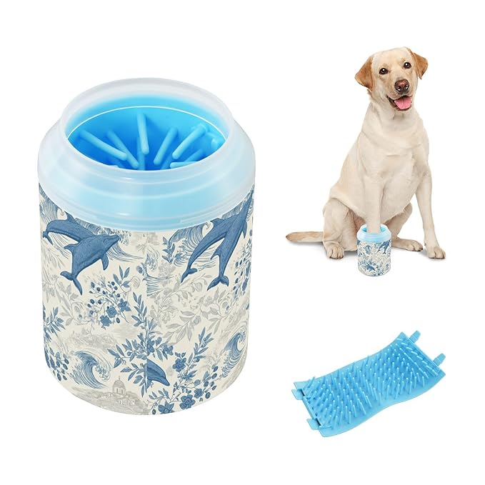 Dog Paw Cleaner Cups for Dogs Pet Foot Washer Paw Scrubber for Medium Small Large Dogs Cats Cleaning Cup Blue Dolphins Waves Flowers