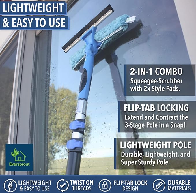 EVERSPROUT 5-to-12 Foot Swivel Squeegee & Microfiber Glass Window Scrubber, Window Squeegee & Window Cleaning Kit, Light-Weight Window Washing Kit with Extension Pole, Squeegee for Window Cleaning