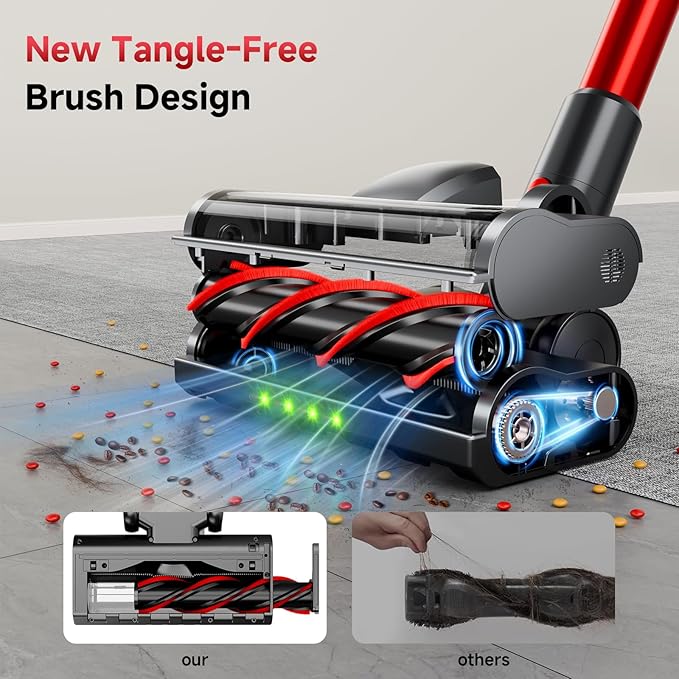 Cordless Stick Vacuum Cleaner, 38Kpa Powerful Suction Vacuum Cleaner with LED Headlight, Detachable Battery, 8-in-1 Lightweight Handheld Vacuums for Pet Hair Carpet and Hardwood Floor, Red