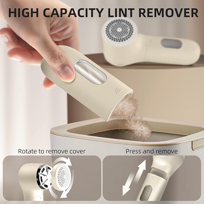 Fabric Shaver, Electric Lint Remover, Rechargeable Lint Shaver, Household Essentials for Clothes, Upholstery, Furniture, Sweater Defuzzer to Remove Pilling, Battery Operated, Beige