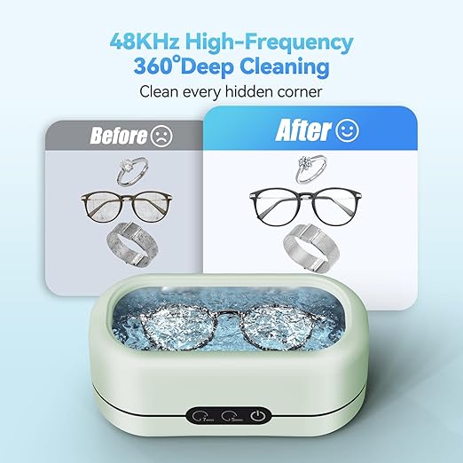 Ultrasonic Jewelry Cleaner 48KHz Ultrasonic Cleaner Machine for Jewelry, Glasses, Retainers, Rings, Dentures, Watch Strap 12oz 304 Stainless Steel- Green