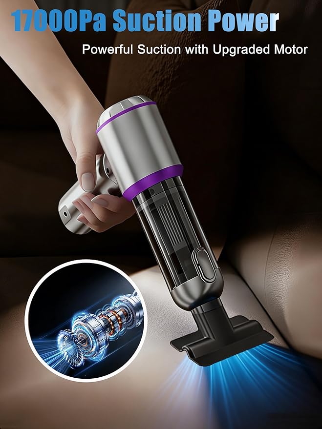 Car Vacuum Portable Cordless,16000Pa Suction Power Handheld Vacuum for Car,Home,Office,Pet Hair Cleaning,with Washable Filter and Replaceable Nozzle, Type-C Charging