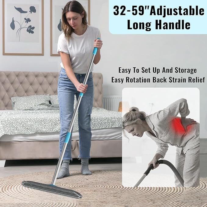 Carpet Rake for Pet Hair Removal Tool, 3 in 1 Carpet Scraper with 59" Adjustable Handle, Silicone Rug Rake for Dog & Cat Hair, Pet Hair Remover for Furniture, Couch, Pet Bed & Car Interior
