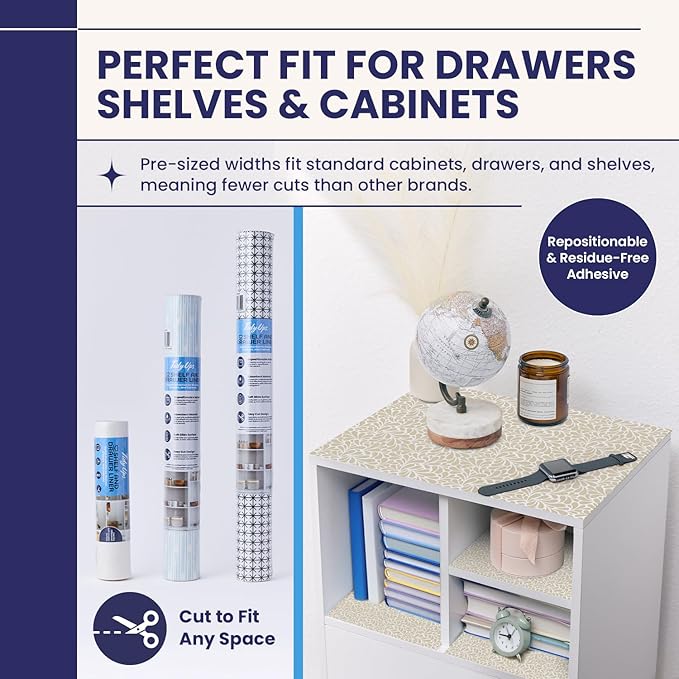 Self Adhesive Shelf Liner (2-Pack, 19.5in x 6ft) — Absorbent Felt Cabinet Liner for Shelves & Kitchen Drawers, Soft Glide Surface with Adjustable, Residue-Free Adhesive (Sandstone Petals)