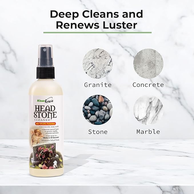 Headstone Cleaner For Graves & Memorials, Tombstone Cleaner Solution Removes Dirt & Plant Growth To Restore Natural Luster To Granite, Marble, Slate, Concrete, Limestone & Stone, 8 Fl Oz