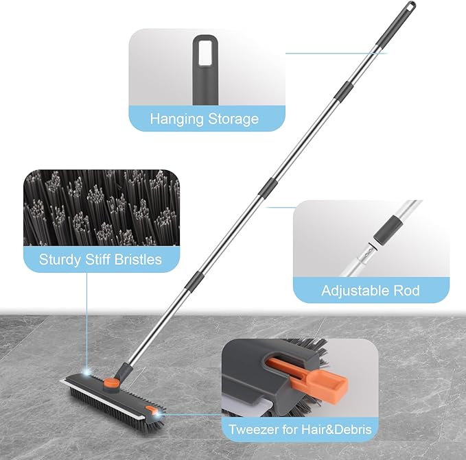 Floor Scrub V Brush with Long Handle 4 in 1 Silicone Scrape and Stiff Bristle Scrubber 360° Cleaning Brush with Tweezers for Shower Bathroom, Patio, Garage, Kitchen, Wall and Deck