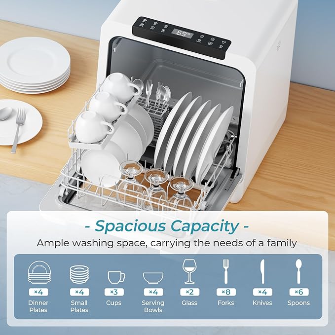 EUHOMY Countertop Dishwasher Portable with 8 Programs, 5L Built-in Water Tank, 167℉ High-Temp, No Hookup Needed, Portable Dishwasher with Slef-Clean/Baby Care/Air Dry/Quick/ECO/Fruit/Normal Mode