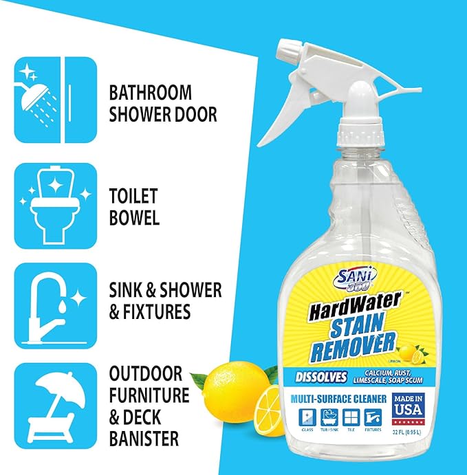 SANI 360° Hard Water Stain Cleaner (32 oz) 60 second multi-surface sealant and cleaner. Reduces buildup, calcium, limescale, rust, and soap scum. Lemon scent MADE IN USA
