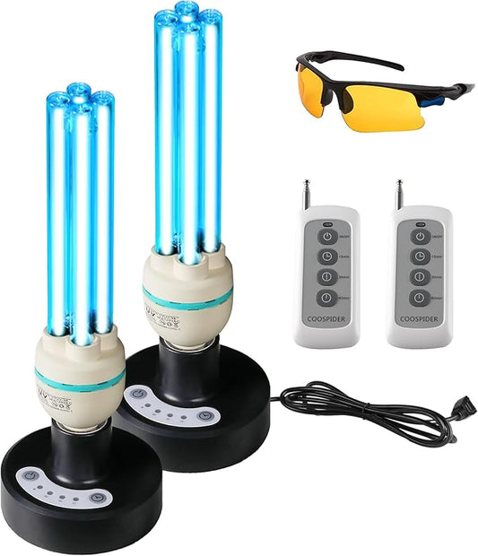 COOSPIDER UV 36Watts UV Sanitizer Lamp 2pack 72w with Remote Control Powerful UVC Light with E26 Base for Basement/Bedroom/Kitchen/Office/Storehouse/Car, 3-Gear Timer 110V Ozone Free