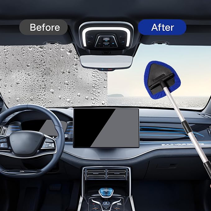 10pcs Windshield Cleaning Tool Inside Car Window Cleaner Wash Kit with 4 Reusable Microfiber Pads 1 Spray Bottle and Extendable Handle Interior Auto Glass Wiper Kit, Blue&Green
