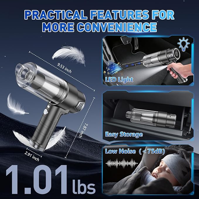 KMM Handheld Car Vacuum Cleaner, 16000PA Vacuum Cleaner & Air Duster, 120W High Power Hand Held Vacuum Cordless, Portable Vacuum Rechargeable with Multi-Nozzles & LED Light for Car, Home, Pet, Office