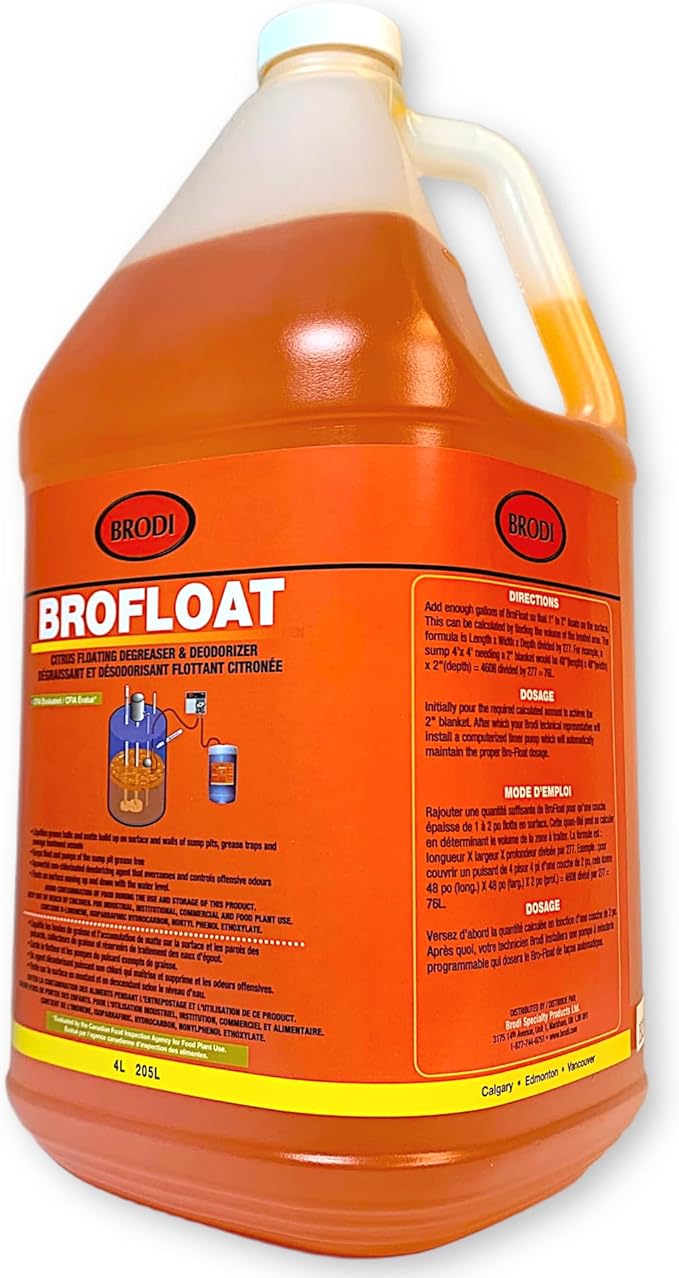 Brodi BroFloat Sump Pit Deodorizer & Degreaser, Industrial-Strength, Floating Protective Layer, Stops Odors & Dissolves Grease, Freeze-Proof, Concrete & Steel Safe, Pack of 1