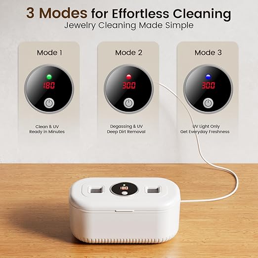 48Khz Ultrasonic Jewelry Cleaner, 30W Ultrasonic Cleaner with 2 UV Lights and Toothbrush Holder, 3 Modes Jewelry Cleaner Ultrasonic Machine with Digital Timer, 12OZ Pod for Eyeglasses (Off White)