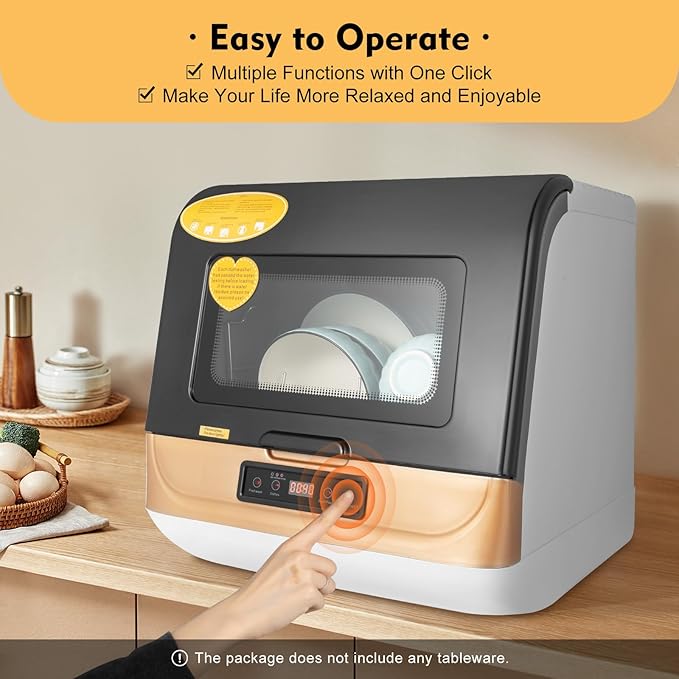 Desktop Installation-Free Dishwasher,Portable Mini Dishwasher Countertop, 3 Washing Programs Display Automatic Dishwashing, Compact Countertop Dish Washer 800W (Gold)