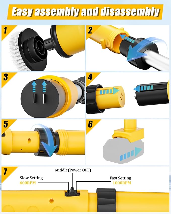 Electric Spin Scrubber Compatible for DeWalt 20V Battery(Battery NOT Included), 1000 RPM Battery Powered Scrubber with Adjustable Extension Arm & 8 Brushes & Hook Gloves for Tub/Tile/Floor