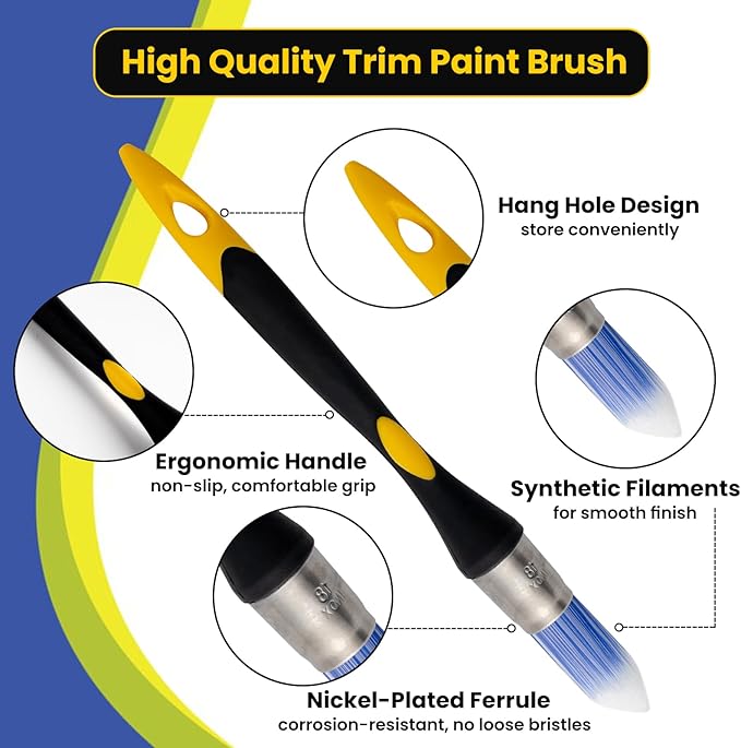 Trim Paint Brush, 0.7 Inch, 3 Pack, Small Round Paint Brushes for Walls, Touch Up, Trim Brushes for Painting, Ergonomic Handles, Trim Painting Tool for Edges, Corners & Detail Work