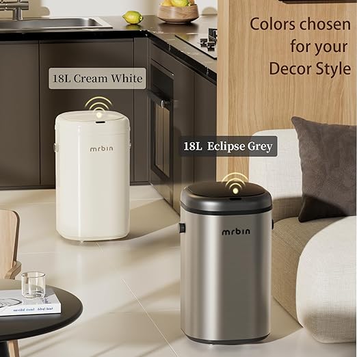 MRBIN Stainless Steel Adsorption Motion Sensor Trash Can Removable, 18L / 4.8gal Automatic Absorbing Bag Lidded Garbage Bin with Wheels, Waste Basket for Kitchen, Bathroom, Eclipse Grey
