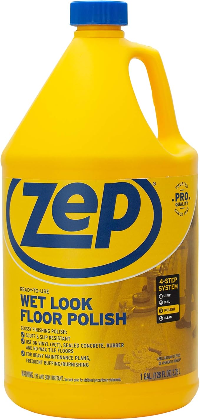 Zep Commercial Wet-Look Floor Polish, 4-1 Gallon Bottles, Protects Against Spots, Stains and Scuffs, Slip-Resistant High Gloss Finish (ZUWLFF128)