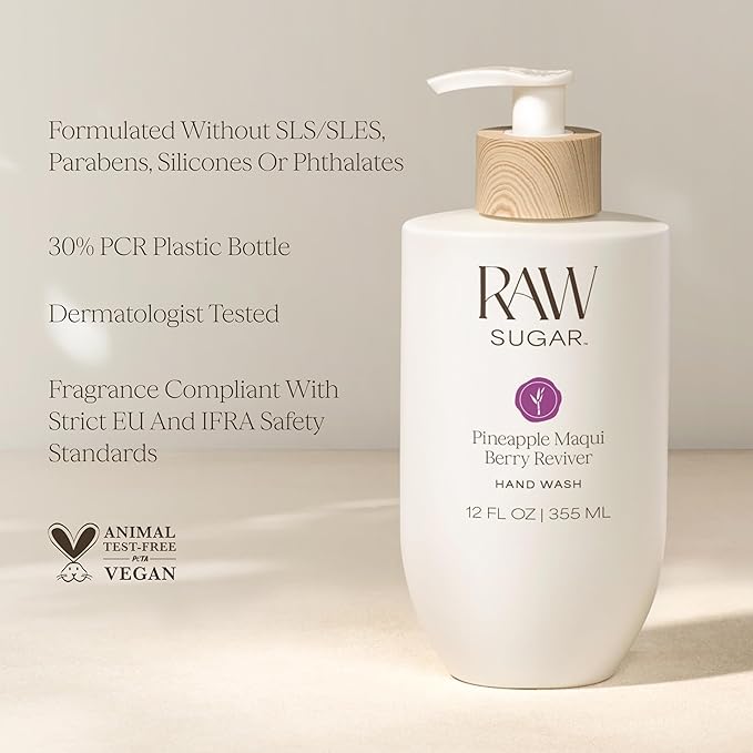 RAW SUGAR Pineapple Maqui Berry Reviver Hand Wash, 12 Fl Oz (Pack of 4) Liquid Hand Soap for Kitchen or Bathroom, Cleanses & Refreshes Hands, Vegan, Formulated without SLS/SLES & Parabens