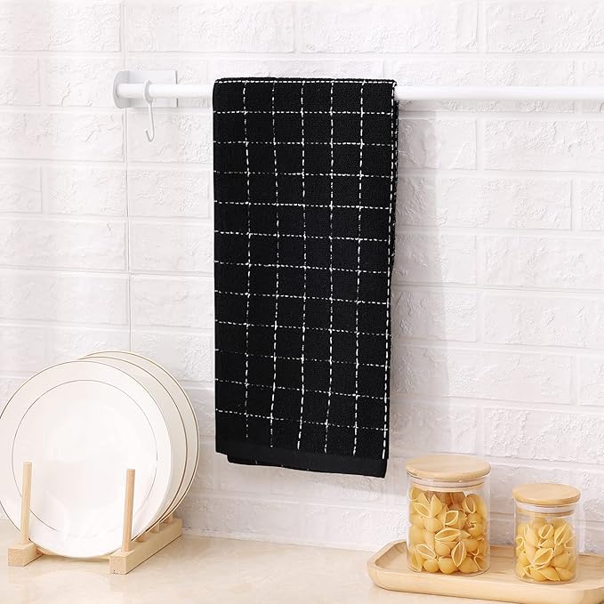 Mordimy 100% Cotton Terry Cloth Kitchen Towels, Super Soft and Absorbent Dish Towels for Drying, Checkered Designed Hand Towels for Kitchen, 16 x 26 Inches, 4 Pack, Black