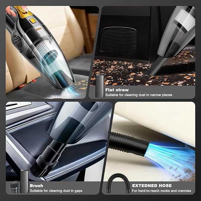 Car Vacuum Cleaner – 9000PA High Power Suction, DC 12V Portable Handheld Auto Vacuum with Attachments, Mini Car Interior Cleaner for Pet Hair, Dust, Crumbs, and Debris (Midnight Black)