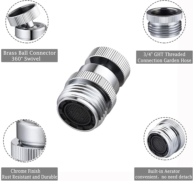 Faucet Adapter with Aerator, Sink Faucet to 3/4" Garden Hose Adapter, Swivel Faucet Adapter Kit, Faucet Adapter to Garden Hose for Kitchen Bathroom