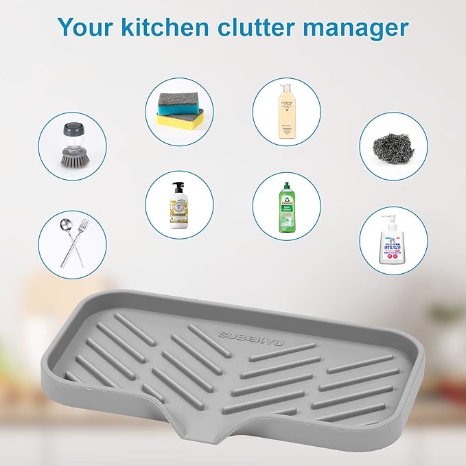 SUBEKYU Silicone Kitchen Soap Tray, Sink Tray for Kitchen Counter/Soap Bottles, Sponge Holder and Organizer with Drain Spout, Grey, [Size: 9.5 x 5 inch]