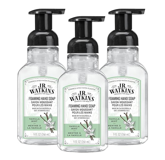 J.R. Watkins Foaming Hand Soap Pump with Dispenser, Moisturizing Hand Soap Foam, Alcohol-Free and Cruelty-Free, Use for Kitchen or Bathroom, Menthe a la Vanille/Vanilla Mint, 9 fl oz, 3 Pack