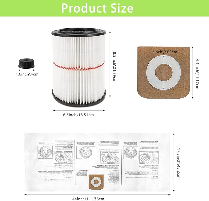 MZY LLC 1 Pack 17816 Filter for Craftsman Shop Vac Filter Cartridge Replacement with 2 Pack CMXZVBE38749 General Purpose Dust Collection Bags for 16 and 20 Gallon Shop Vacuums