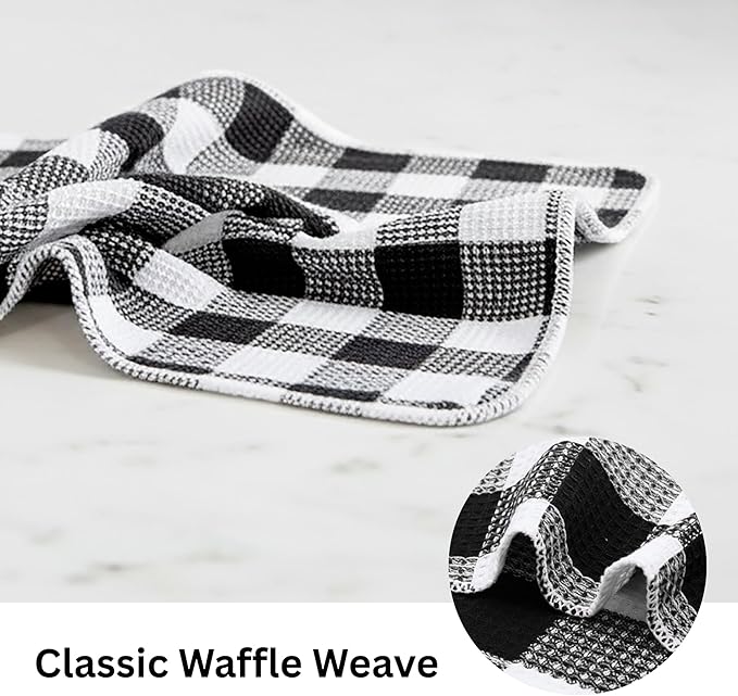 PurpleEssences Waffle Weave Plaid Dish Cloths, 100% Cotton, 12x12 Inch, Soft Absorbent Quick Drying Buffalo Check Dish Rags for Kitchen, 8 Pack, Christmas Holiday Winter - Black & White
