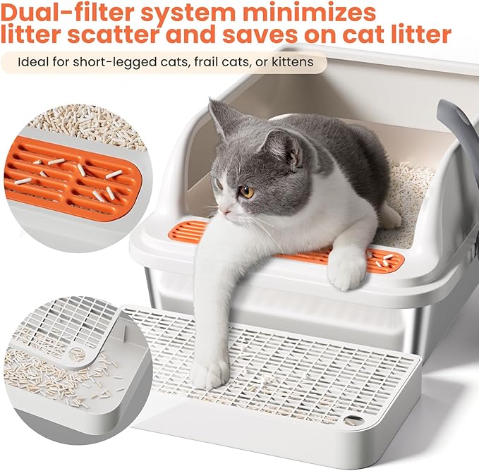 Stainless Steel Cat Litter Box, Metal Kitty Litter Box Includes Litter Mat & Scoop, Easy Cleaning Anti-Scratch Kitty Cat Box Anti-Urine Leakage, Non-Sticky, Perfect for Small Cats, Light Gray